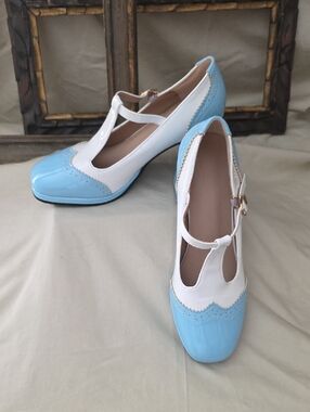 Classic Two-Tone T-Strap Pumps in Light Blue & White